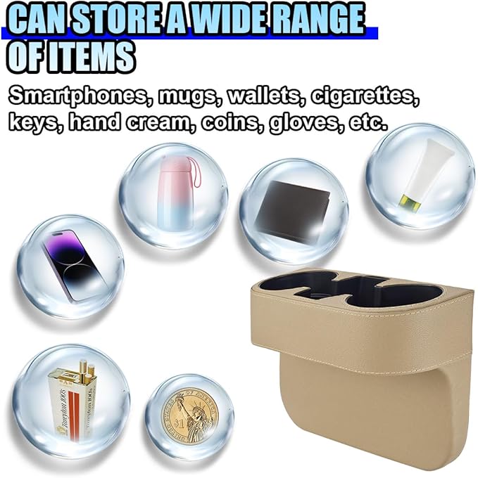 Car Cup Holder, PU Leather Auto Front Console Gap Filler Organizer, Multifunctional Cup Drink Holder, Car Seat Gap Filler Storage Box, Coin Bucket, Cell Mobile Phone Holder (Beige)