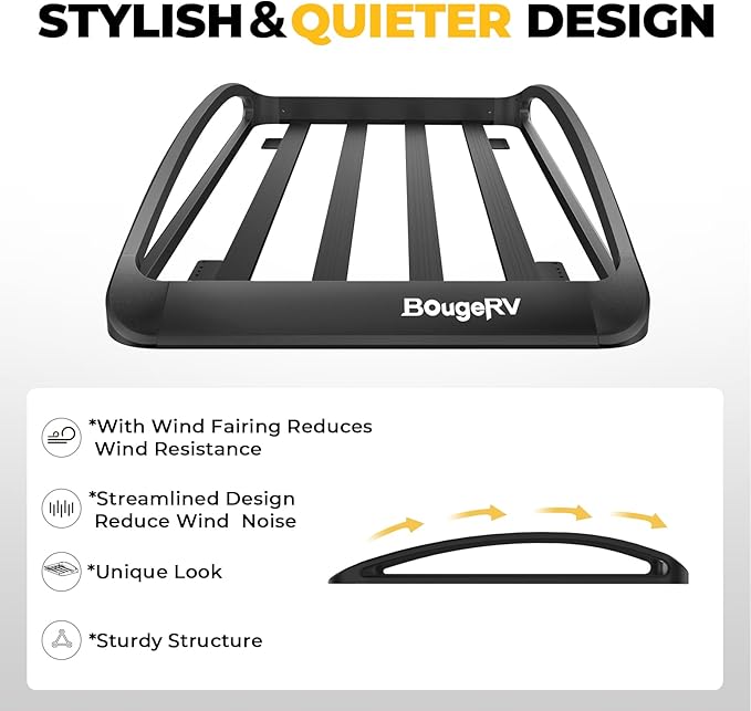 BougeRV 64''x40''x8'' Aluminum Roof Basket Anti-Rust Lightweight Universal Roof Rack Basket Rooftop Cargo Carrier with Wind Fairing,150LBS Load Capacity, Fit for SUV Truck Cars (Black)