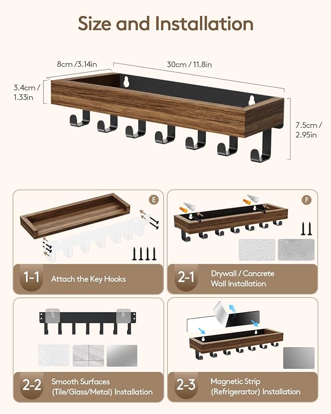 Key Holder Wall Mount Adhesive Magnetic - Hanging Key Hooks with Mail Organizer Tray for Wallet House - Keys Hanger Rack with