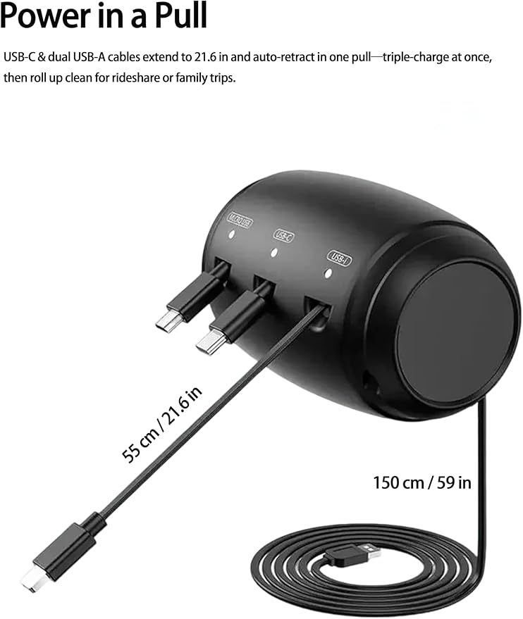 Retractable Car Backseat Charger–3-in-1 Car Backseat Charging Station, Rideshare & Private Car Essential, Fast Charge, 360° Rotating Headrest Mount – Universal USB-C/Lightning/Micro-USB for All phones
