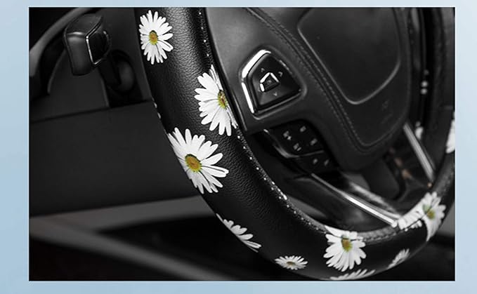 Dotesy Leather Flowers Car Steering Wheel Cover, Fashion Floral Steering Wheel Protector Universal for 36-38cm Anti Slip Auto