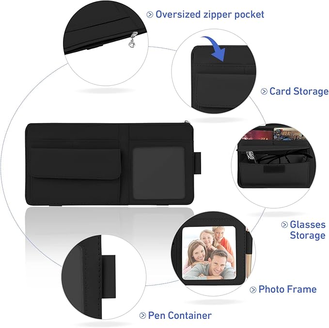 Car Sun Visor Organizer, Visor Organizer Storage Pouch with Picture Frame and Sunglasses Holder, Practical Car Accessory for Organizing Essentials - Black