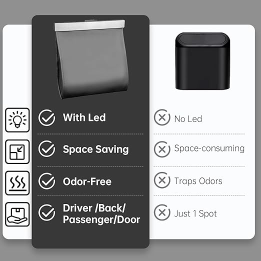 Leather Car Trash Can with Smart LED Light & Magnetic Closure, Hanging Car Trash Bag, Small Car Trash Can, Leak-Proof, Odor-Lock Car Trash Bin for Any Cars, Sedans, SUVs, Trucks, Black