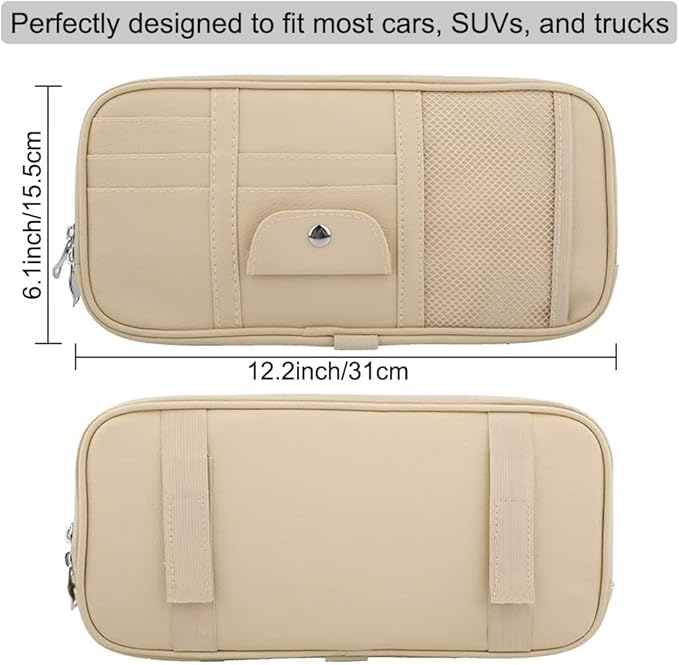 Car Sun Visor Organizer, Auto Interior Accessories Pocket Organizer - Car Truck SUV Storage Pouch Holder, with Multi-Pocket Net Zipper (Beige)