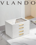 Vlando Jewelry Box for Women, Glass Lid Jewelry Organizer with 4 Drawers for Necklaces Rings Earrings Bracelets Christmas Gif