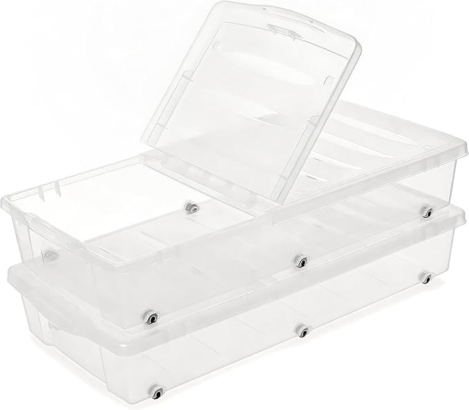 Citylife 2-Pack 57 QT Under Bed Storage Containers with Wheels, Clear Plastic Organizer Bins with Double-Opening Lids, Large 