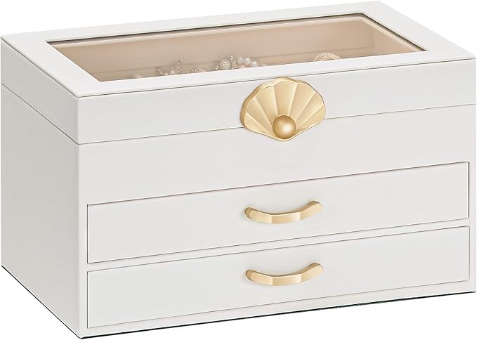 Enthralite Jewelry Box with 2 Drawers: Display Organizer for Earrings Necklaces - Gift for Girls Women (White)