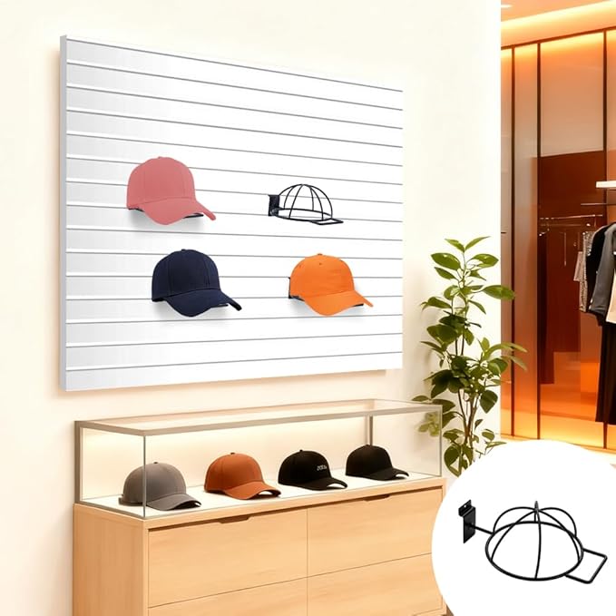 AHANDMAKER 6 Pcs Slat Wall Hat Display Rack Wall Mounted Durable Metal Hat Organizer Accessories for Baseball Caps Wigs Retai