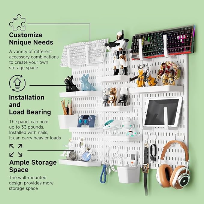 Pegboard Wall Organizer, Wall Mounted Storage Set with 2 Pegboards & 13 Accessories, 23.6" x 11.81" White Peg Board Organizer