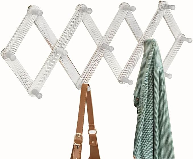 Homode Accordian Wall Hanger, Expandable Coat Rack Wall Mounted, Accordion Style Wood Hat Rack with 13 Peg Hooks for Hanging 