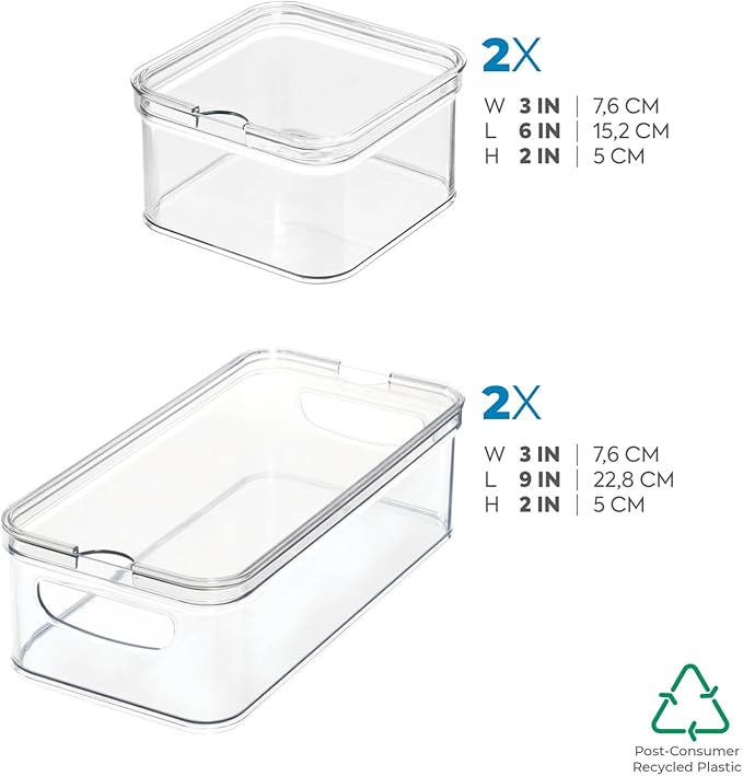 iDesign Crisp 4-Piece Recycled Plastic Refrigerator Organizer Bin Set with Lids, Clear/White