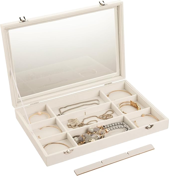 Frebeauty Velvet Jewelry Tray,12 Grid Jewelry Organizer with Clear Lid,Bracelets Holder,Jewelry Display Case with Clasp,Drawe