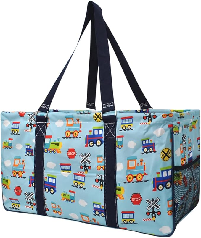 NGIL Extra Large Utility Tote Reusable Grocery Bag Oversized Collapsible for Groceries, Storage, Picnic, Beach (Train Print-Navy)