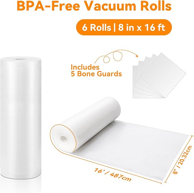 Wevac Vacuum Sealer Bags 8x16' Rolls 6 pack for Food Saver, Seal a Meal, Weston. Commercial Grade, BPA Free, Heavy Duty, Grea