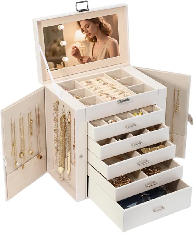 BOOVO Jewelry Box For women, 6 Layer Large Jewelry Organizer With Mirror, Multi-Function Storage Box With Lock, Accessory Hol