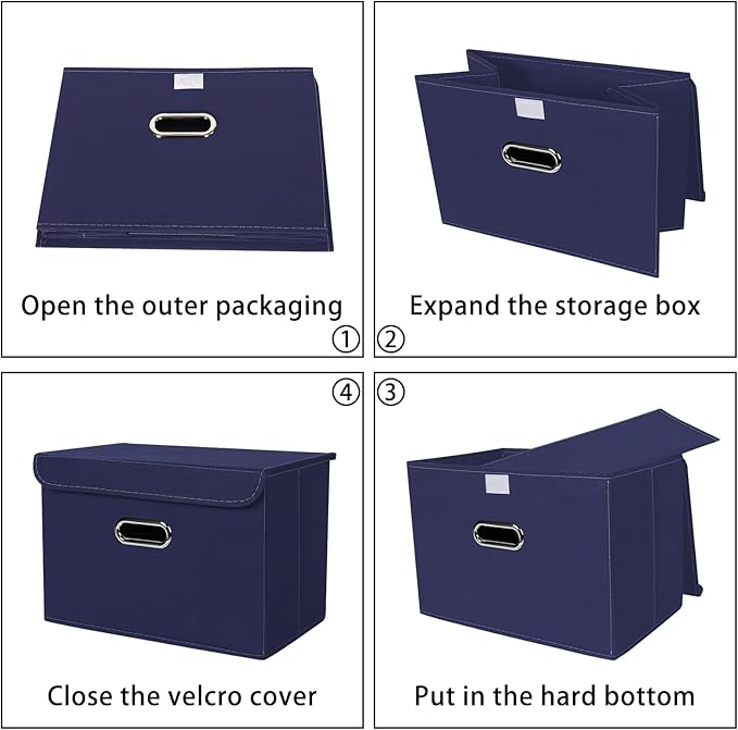 Linen Fabric Foldable Collapsible Storage Cube Bin Organizer Basket Fabric Storage Bins with Lid, Leather Handles, Removable 