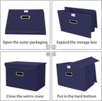 Linen Fabric Foldable Collapsible Storage Cube Bin Organizer Basket Fabric Storage Bins with Lid, Leather Handles, Removable 