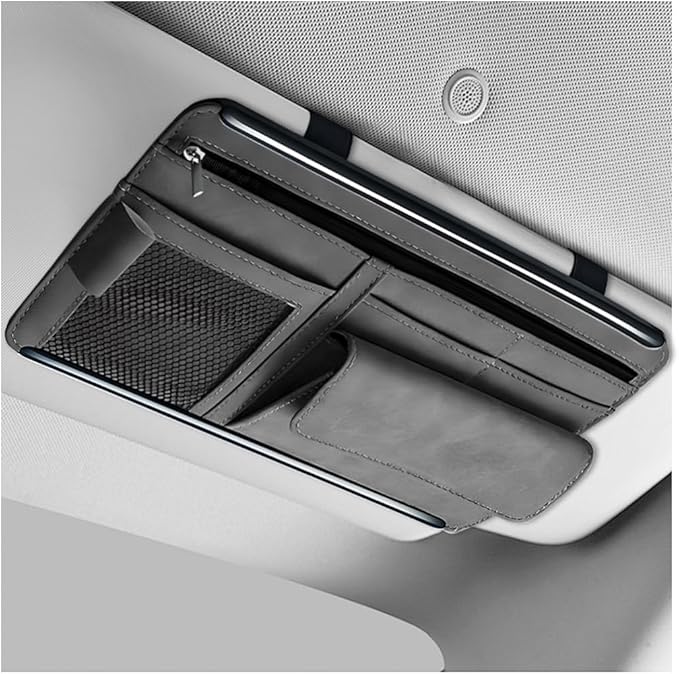 Car Sun Visor Organizer, Leather Sun Visor Pocket Organizer Case with Multi-Pocket Net Zipper, Suede Note Holder Car Visor Storage Pouch for Card Pen Sunglasses Document (Gray)