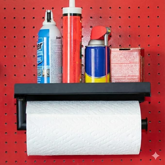 Pegboard Paper Towel Holder and Shelf, Peg Board Accessory Kit with Heavy Duty Pegboard Hooks for Garage Workshop Craft Room,
