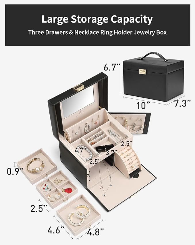 Vlando Jewelry Box Organizer for Girls Women, Large Baroque Jewelry Holder Organizer with Mirror, 3 Drawers for Bracelets, Ea