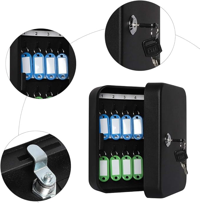 JSSMST Key Lock Box Wall Mount Security Cabinet, 20 Key Hooks & Tags, 7.87 x 6.3 x 2.95 Inches, Black Matt