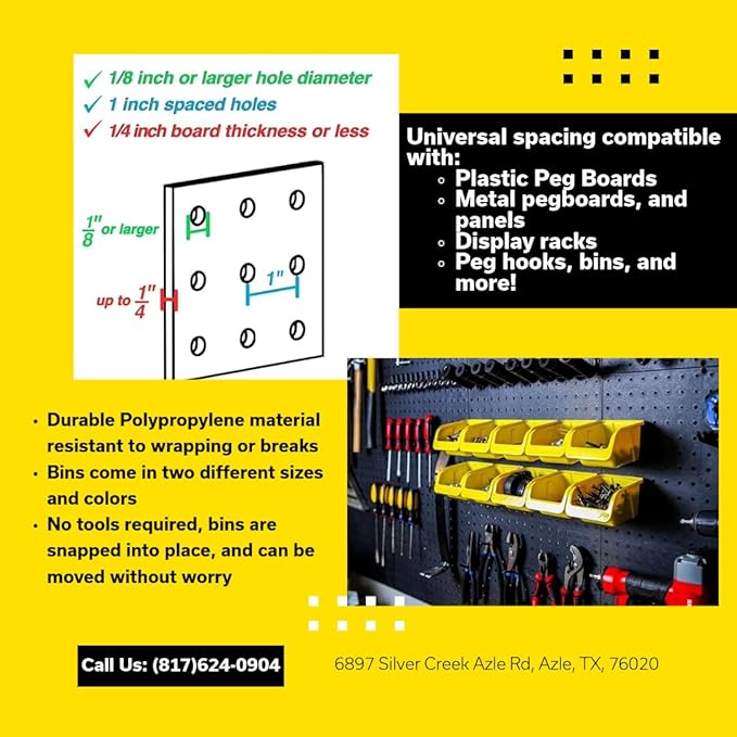 WallPeg Pegboard Bins - 6 Each 7" & 6 Each 5" ORGANIZING Bins - Hooks to Peg Board Panel Organize Hardware Arrange Accessorie