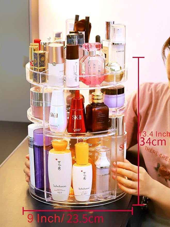 Cq acrylic Rotating Makeup Organizer,Adjustable Spinning Skincare Organizer for Vanity,Countertop,Clear Rotating Perfume Orga