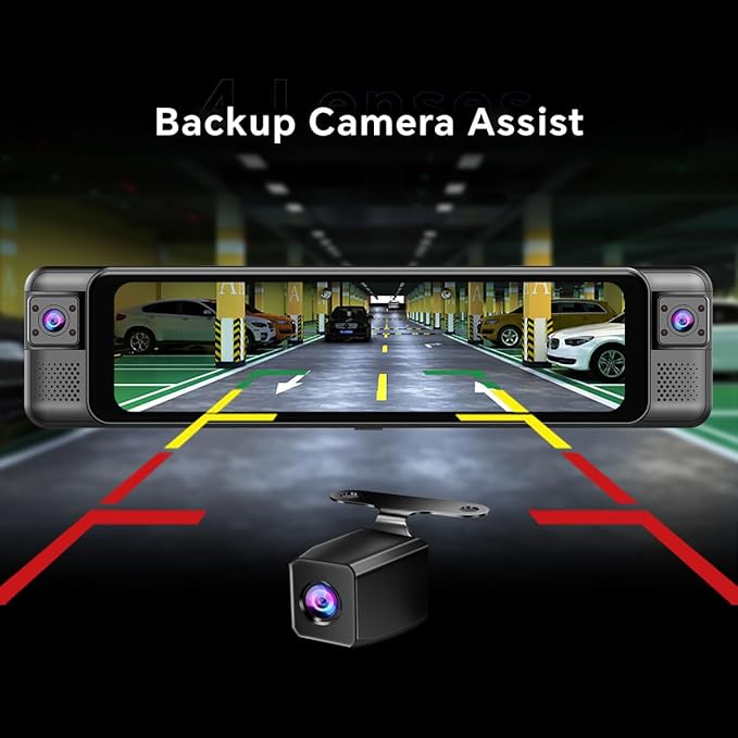 D80 4-Channel 4K Rear View Mirror Camera with ADAS and BSD,11” Touchscreen, Front and Rear and Left and Right Camera for Car，