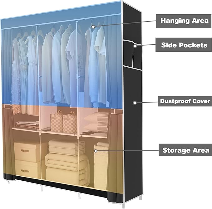 Clothes Organizer 3 Hanging Rod Shelf Portable Closet with Cover Clothes Rack Standing Closet Clothes Storage Wardrobe Garmen