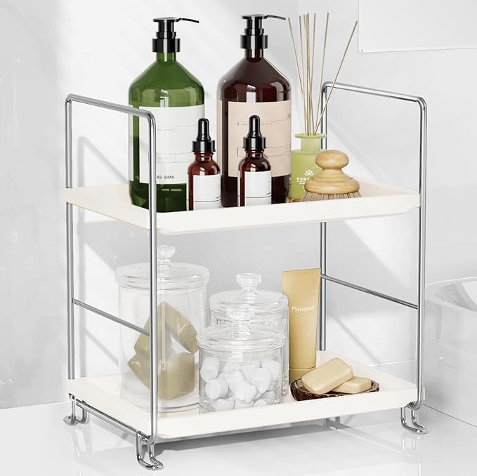 FSyueyun 2-Tier Bathroom Countertop Organizer, Tool-Less Installation Premium Plastics Makeup Shelf Organizer Perfume Skincar