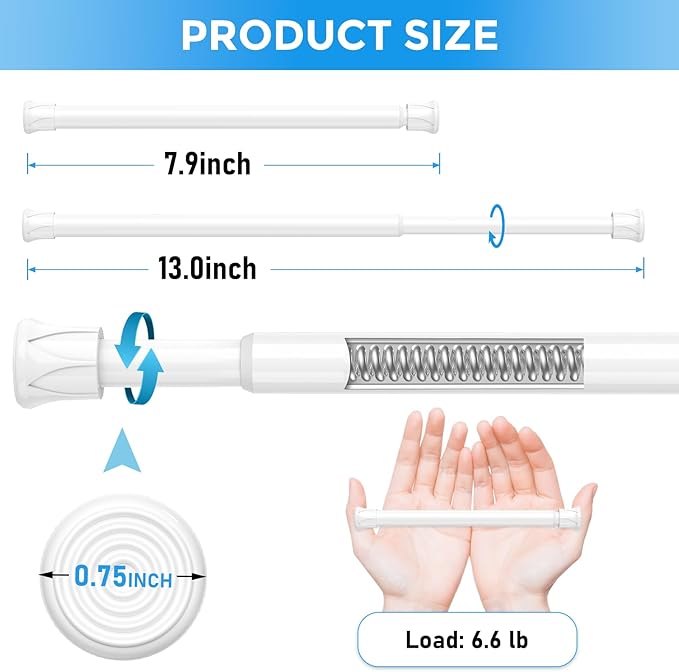 6PCS Small Tension Curtain Rod 8 to12.5Inch,White Short Curtain Rods No Drilling,Loaded Expandable Spring Curtain Rods for Wi