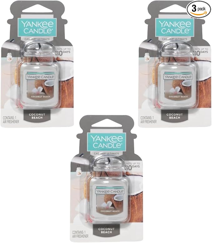 Yankee Candle Car Jar Ultimate, Coconut Beach, Hanging Automotive Air Freshener Odor Neutralizer for Long Lasting Tropical Sc