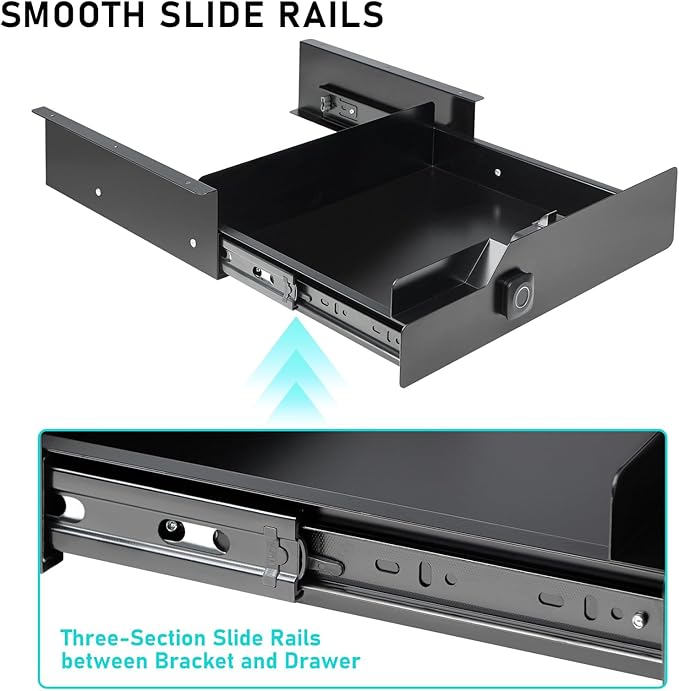 Under Desk Drawer Storage with Lock, 16"x11.8"x3.6", Metal Undermount Table Drawer, Ball Bearing Slides Out Tray Organizer fo