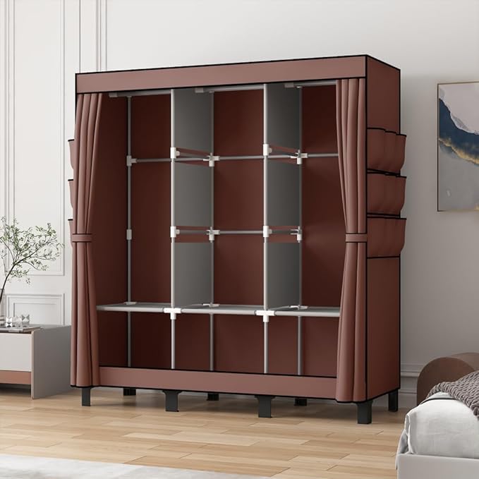 Portable Closet, 51.18" Large Capacity Clothing Storage Organizer with 3 Hanging Rods 6 Shelves 18 Side Pockets, Dustproof St