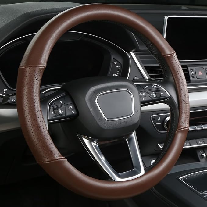 Cxtiy Genuine Leather Steering Wheel Cover with Ventilation Holes Luxury Cowhide,Breathable and Anti-Slip,14.5-15 inch(Brown)