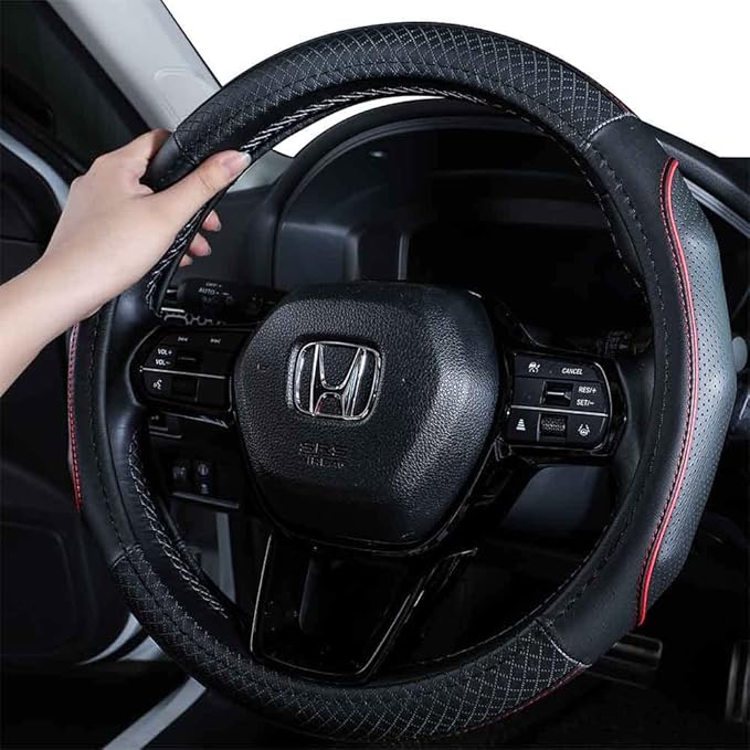 EKR Universal 15 inch Leather Steering Wheel Cover - Genuine Leather, Breathable, Anti Slip & Odor Free (Black with Red Lines, M(14" 1/2-15" 1/4))