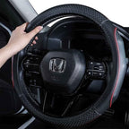 EKR Universal 15 inch Leather Steering Wheel Cover - Genuine Leather, Breathable, Anti Slip & Odor Free (Black with Red Lines, M(14" 1/2-15" 1/4))