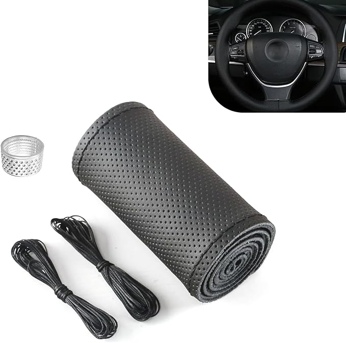 WZP Genuine Leather Steering Wheel Cover, Custom Stitch On Steering Wheel Wrap, Breathable Non-Slip Steering Wheel Protector 