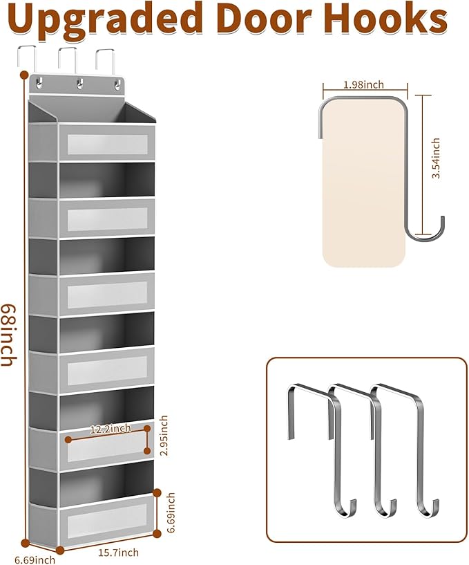 Over The Door Organizer with 6 Large Pockets, Over the Door Storage 12 Side Pockets, Hanging Door Organzier 44 lb Load Behind