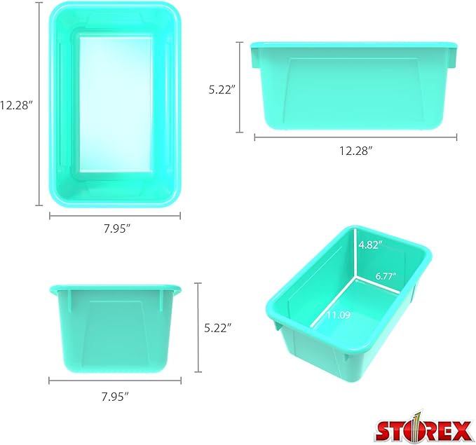 Storex Small Cubby Bins – Plastic Storage Containers for Classroom with Non-Snap Lid, 12.2 x 7.8 x 5.1 inches, Teal, (62412U0