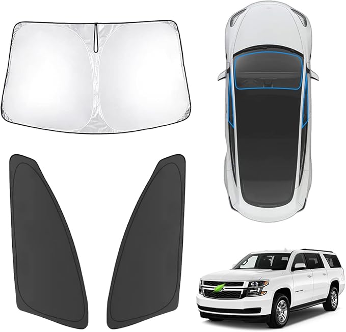 Karltys 3PCS Windshield Sun Shade for 2015-2020 Chevy Suburban, Front and Side Window Sunshade Cover Custom Fit Suburban, Foldable Sun Visor Blocker Protects Car from Heat UV Rays Damage