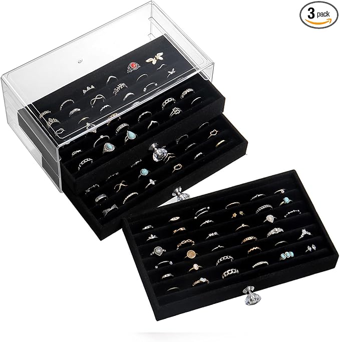 SPAKOWN Ring Box Display Holder, Clear Velvet Jewelry Storage Tray Organizer for Ring Stud Earring (Black - 3 Drawers)