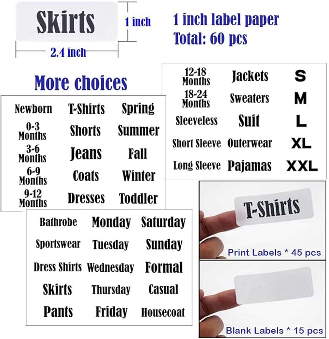10 Pack White Clothing Rack Size Dividers Plus 60 Labels (1 Inch) and 16 Large Blank Labels, Large Rectangular Clothing Close