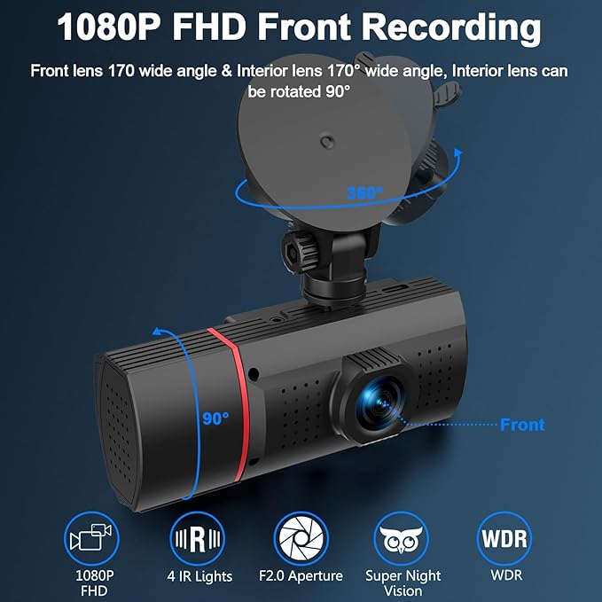 Dual Dash Cam Front and Inside, 1080P Dash Camera for Cars Dashcam with 32G Card, 24H Parking Monitor, Night Vision, G-Sensor