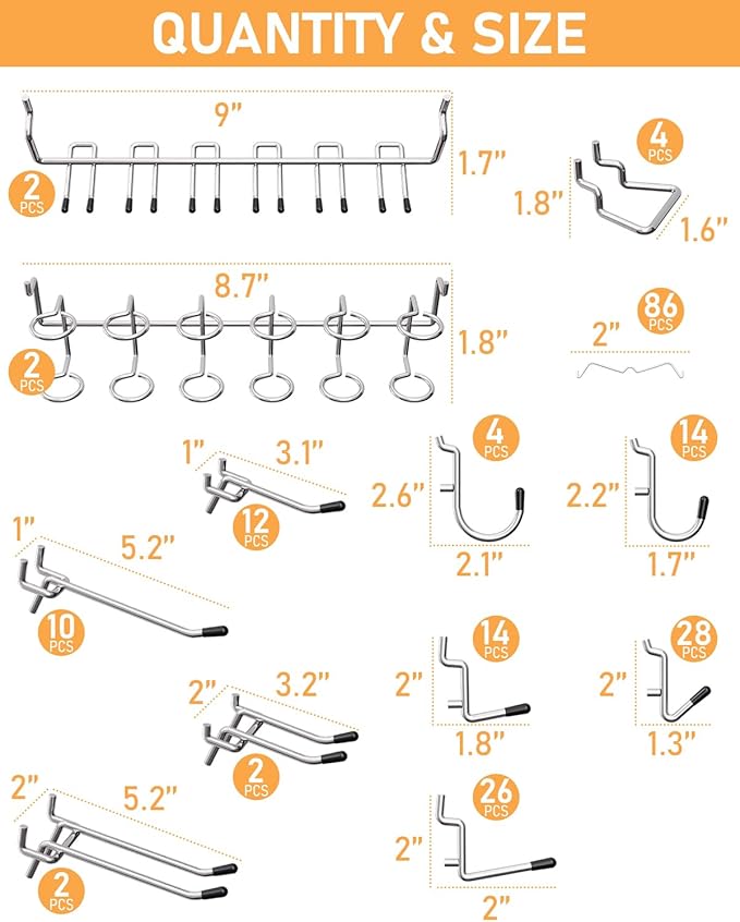 INCLY 1/4" Pegboard Hooks Set for Hanging, 206PCS Heavy Duty Peg Board Hooks & Hangers Only Fit 1/4 Inch Pegboard for Tools C