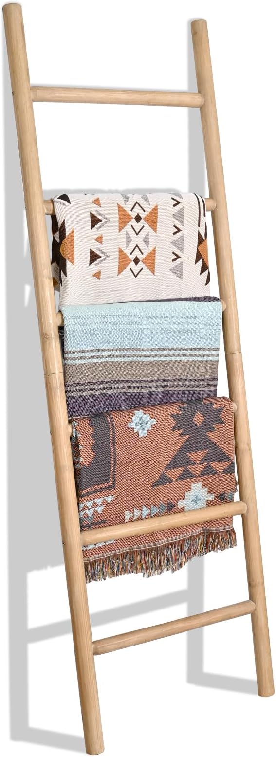 FUIN 6.4ft Extra Wide Wood Blanket Ladder Living Room Decorative Wall Leaning Farmhouse Quilt Display Holder Rustic Wooden To