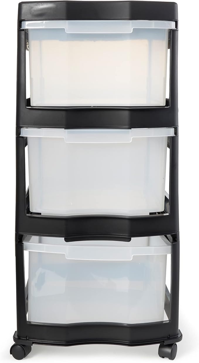 Life Story Classic 3 Tier Shelf Standing Plastic Storage Drawers and Organizer with Wheels for Home, Dorm, or Office Use, Bla