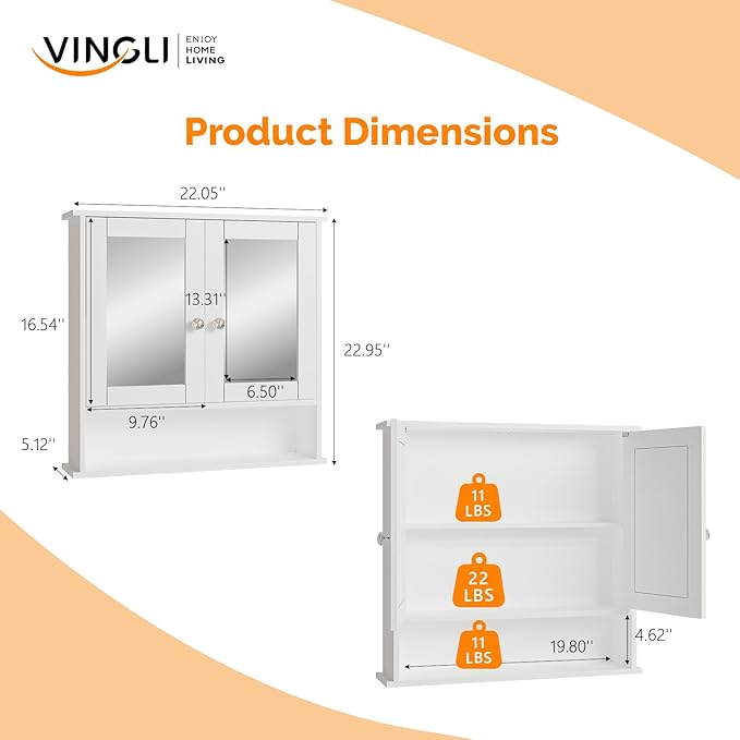 VINGLI Medicine Cabinet with Mirror, Wall Mounted Bathroom Cabinet with Open Shelf, 2-Door White Storage Organizer Over Toile