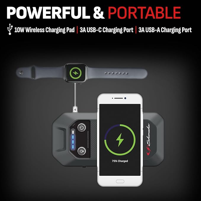 Schumacher Electric 12V Lithium Jump Starter & Power Pack - Portable 1000A Battery Jumper with 10W Wireless Charging,