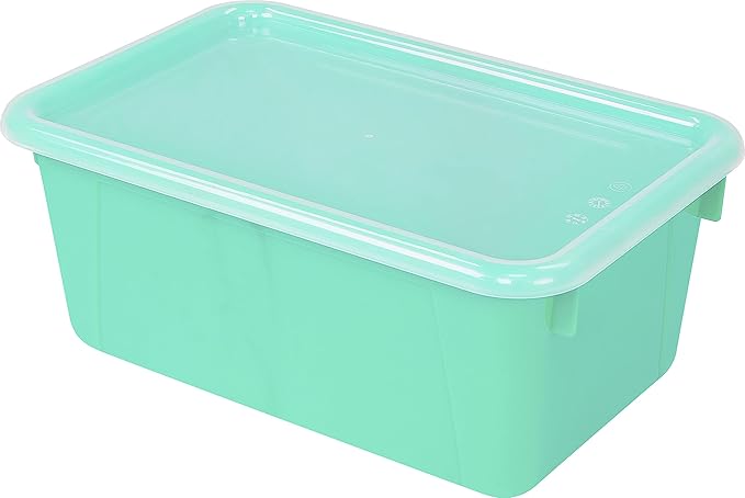 Storex Small Cubby Bins – Plastic Storage Containers for Classroom with Non-Snap Lid, 12.2 x 7.8 x 5.1 inches, Teal, (62412U0